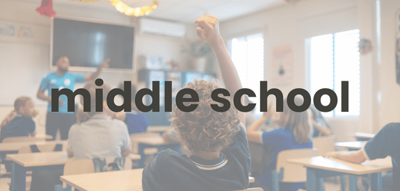 child raising hand with the word middle school