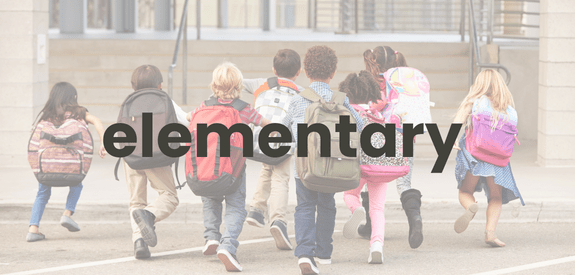 young children with backpacks with the word elementary over it