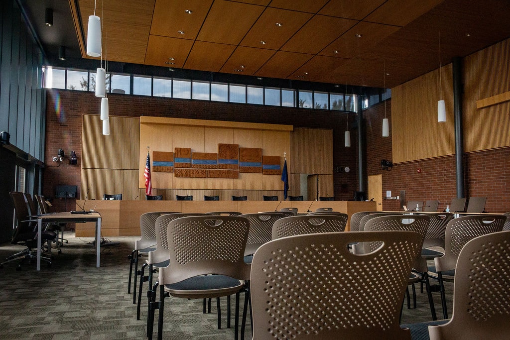 Civic hall, view from the seating towards the dias.