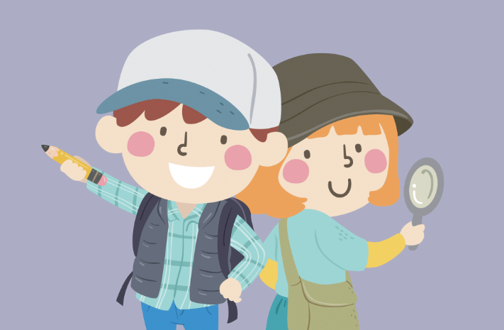 Kids holding a magnifying glass and pencil